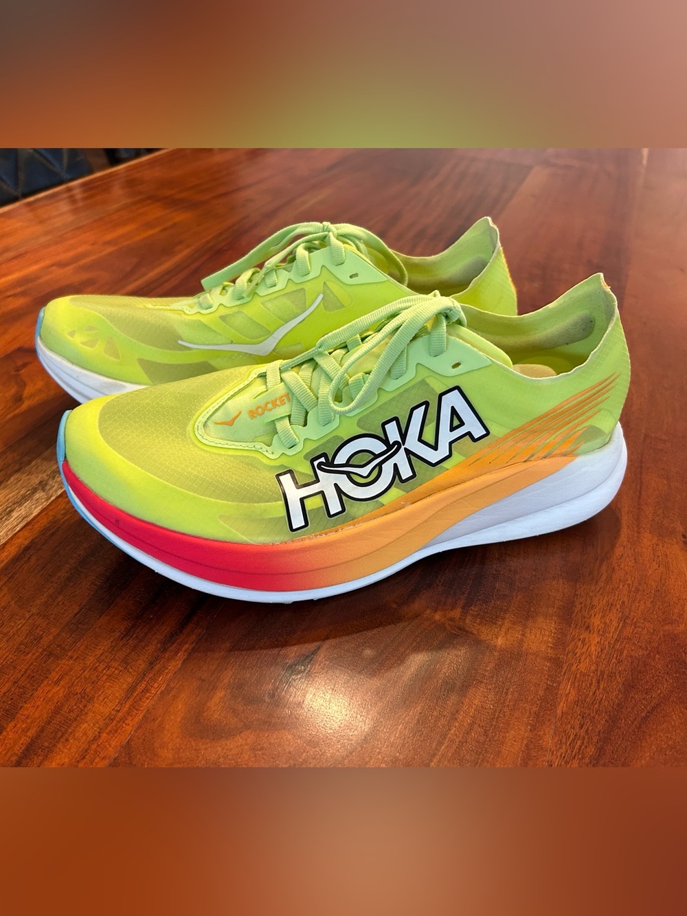 Hoka Rocket X2. Women’s 9.5/Men’s 8.5 EU 42. Lettuce Solar Flare.